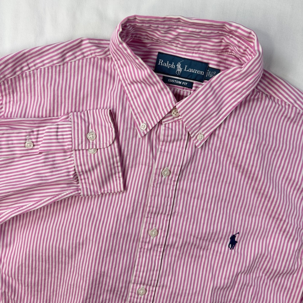 Ralph Lauren Shirt Mens 16.5 32/33 Button Down Pink White Striped Custom Fit L/S